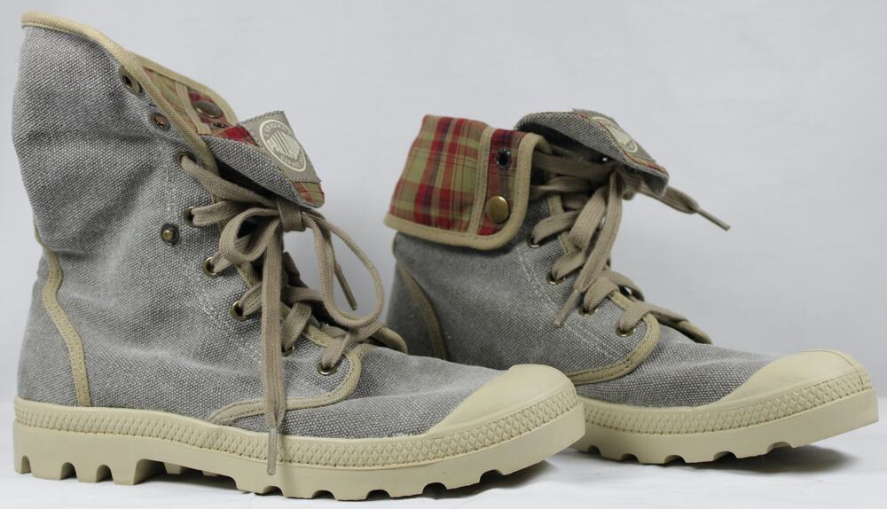 Palladium Gray Plaid Canvas Fold Over Boots 9